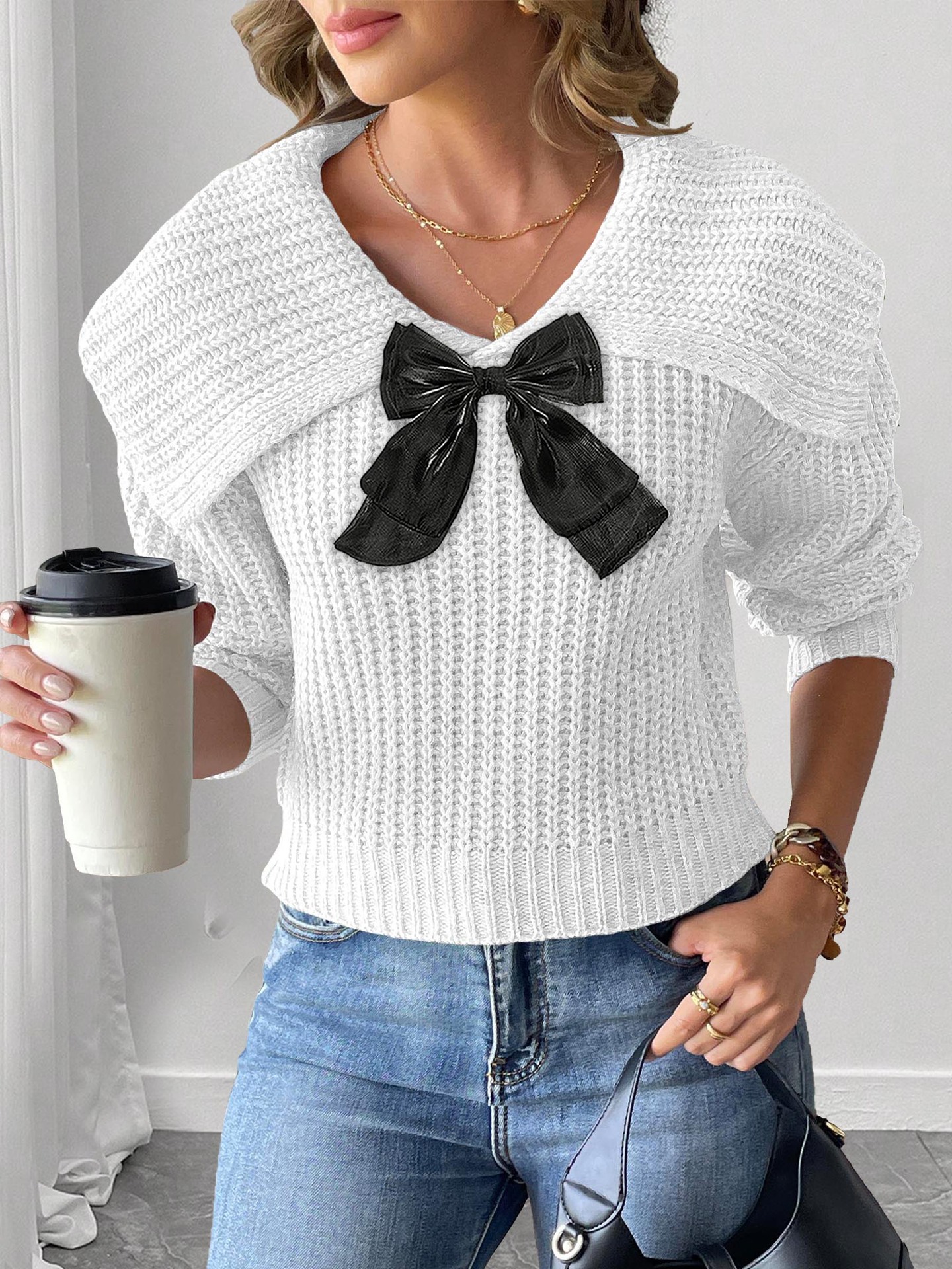 Women's Cropped Knit Sweater with Bow Detail and Oversized Collar