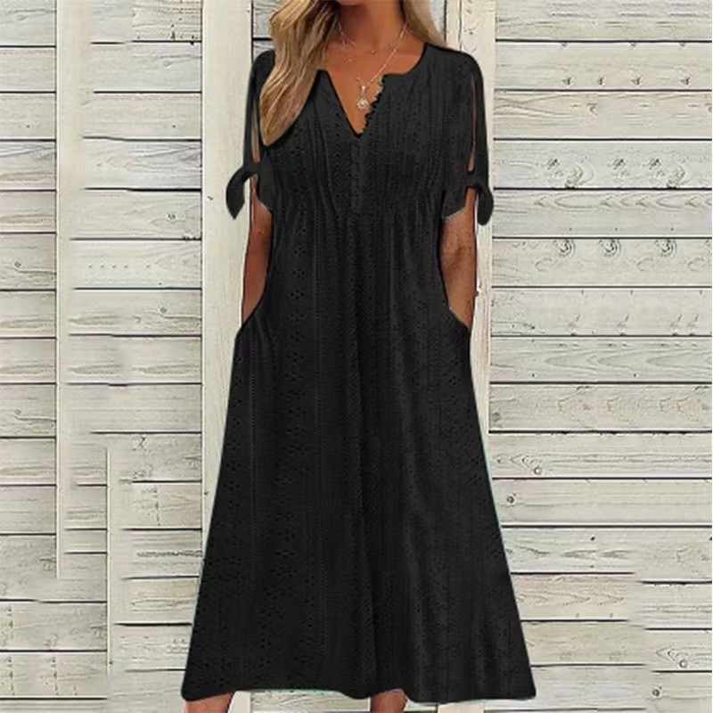 Women's Casual Loose High Waist Embroidered Solid Color Dress