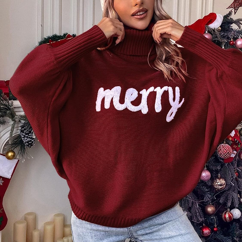 Women's Christmas Turtleneck Sweater with Batwing Sleeves