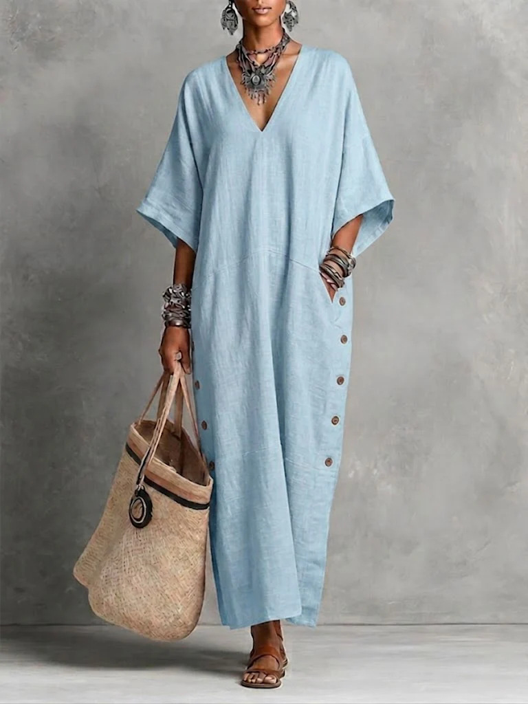 Linen-Blend Loose V-Neck Side-Button Midi Dress