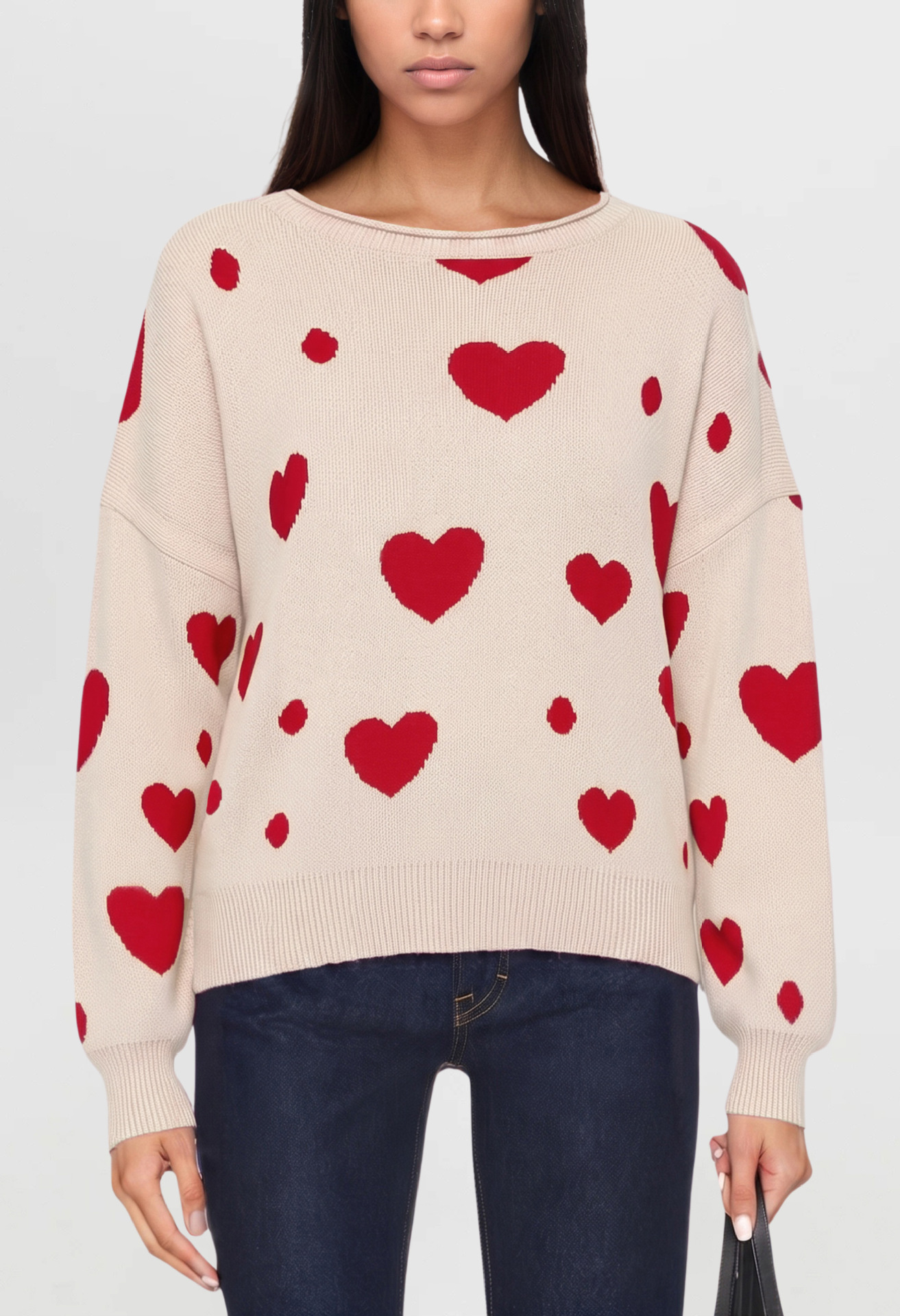 Heart Pattern Knit Sweater Women's Pullover Loose Fit Crew Neck Long Sleeve
