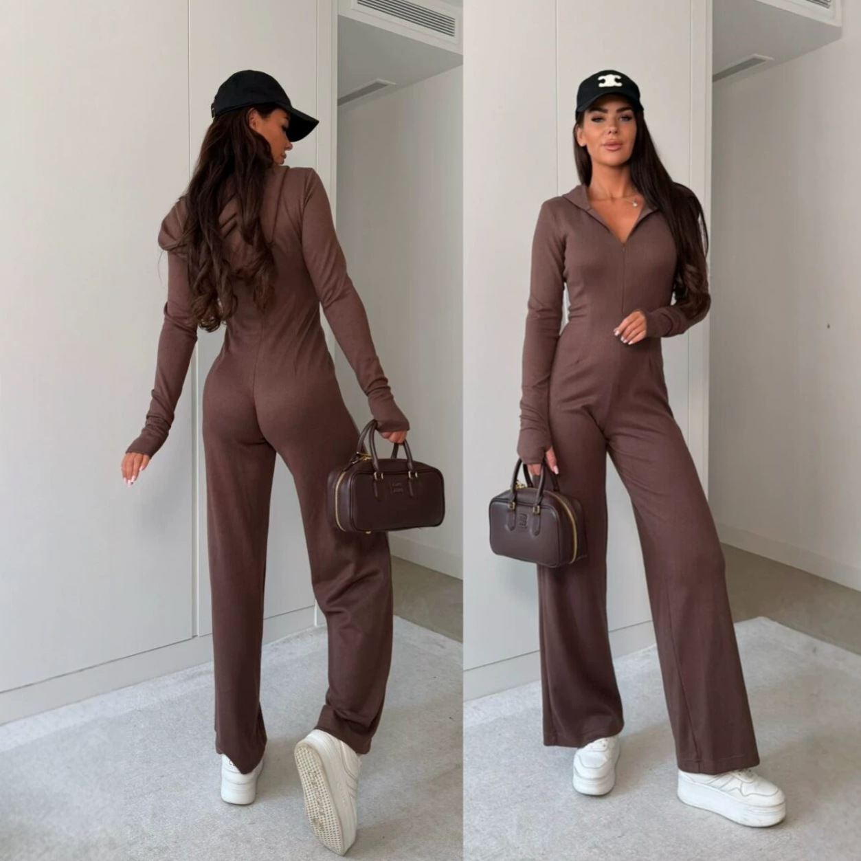 Women's Long Sleeve Solid Zip-Up Jumpsuit Minimalist Sporty