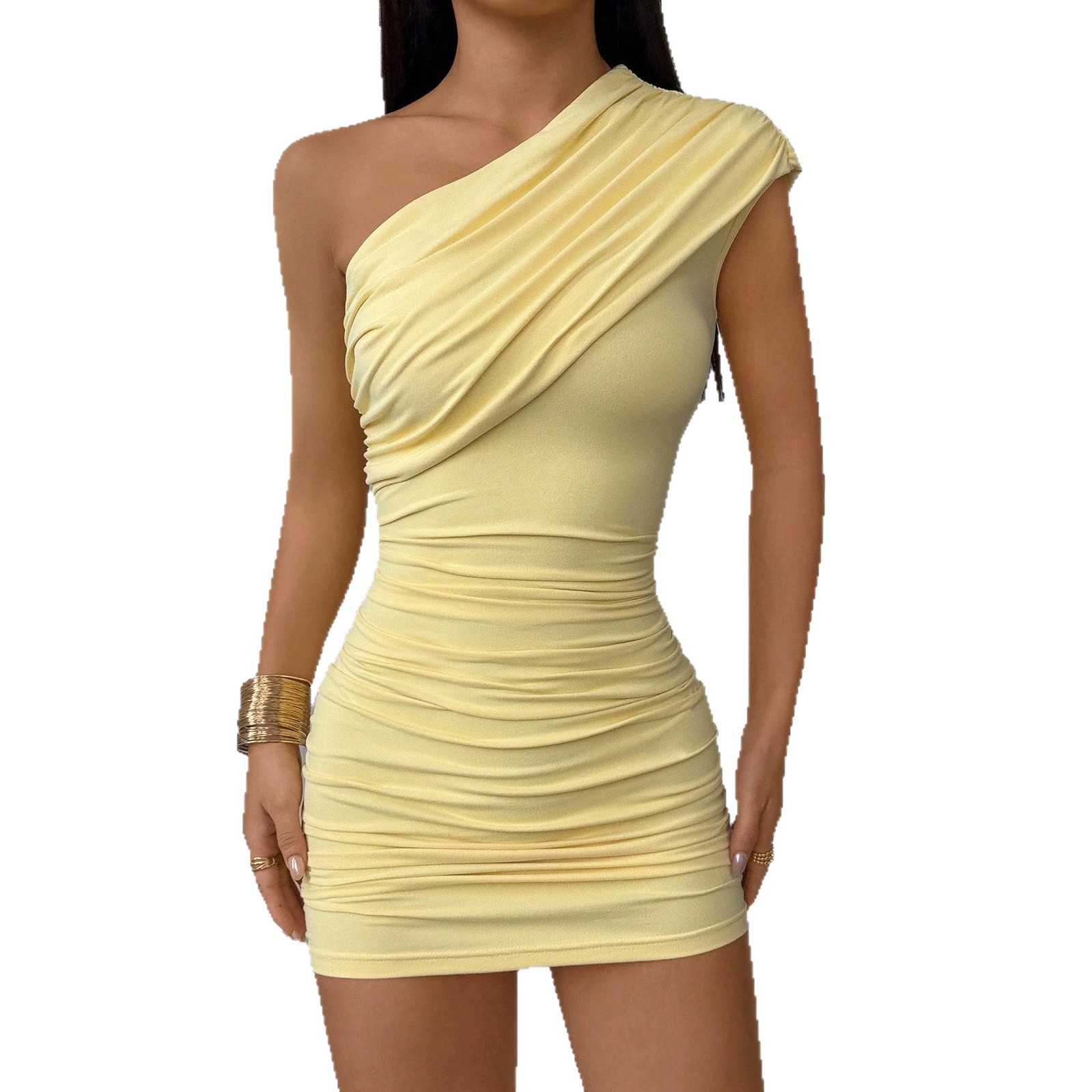 Women's One-Shoulder Ruched Bodycon Mini Dress Sleeveless