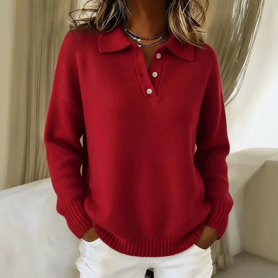 Women's Loose Relaxed Soft Knit Sweater with Collar and Buttons Long Sleeve