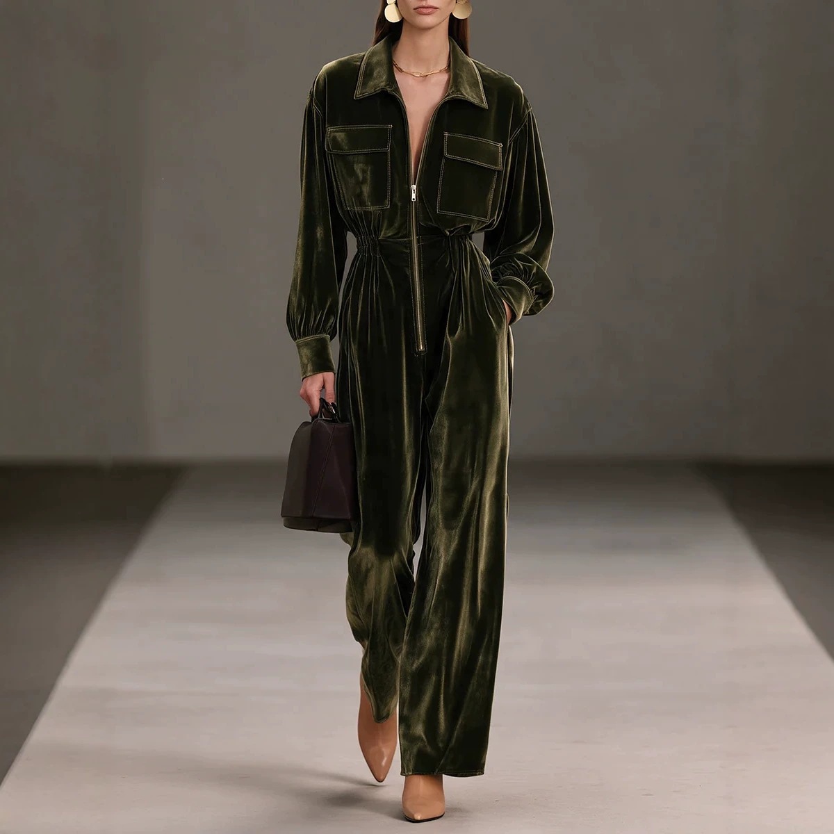 Gold Velvet Jumpsuit with Collar, Lantern Sleeves, Elastic Waist, Wide Leg