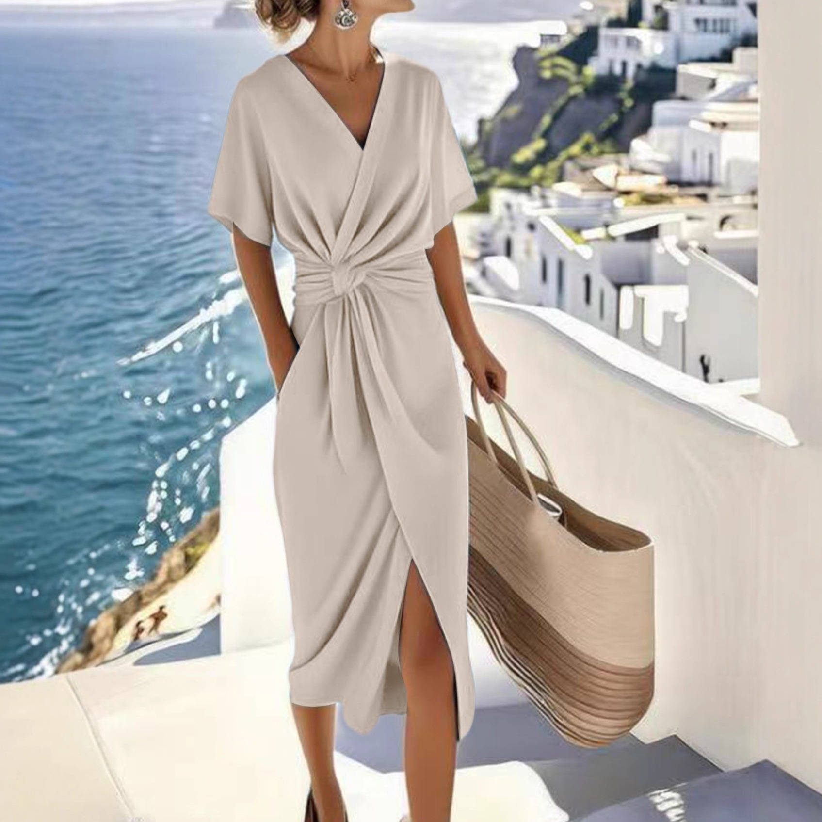 Women's Satin Wrap Dress with Slit V-Neck Short Sleeve Midi