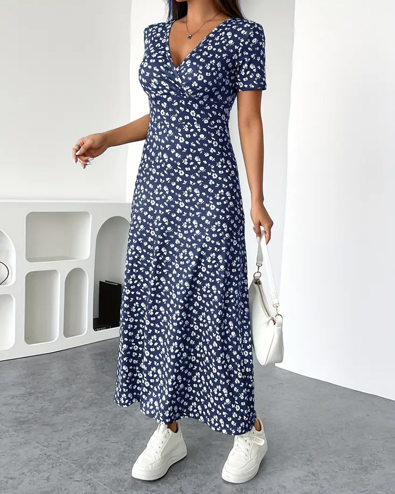 Women's Floral V-Neck Short Sleeve High Waist Midi Dress