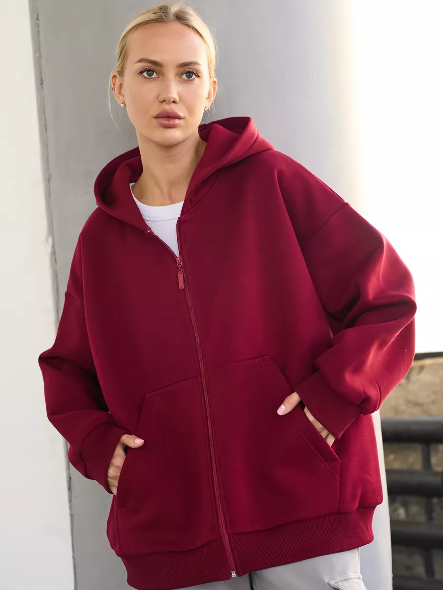 Solid Color Loose Fit Long Sleeve Zip-Up Hooded Sweatshirt Cardigan for Women
