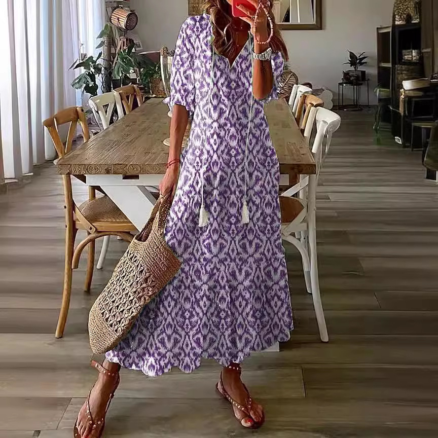 Women's Casual V-Neck Printed Tassel Midi Dress Loose A-Line