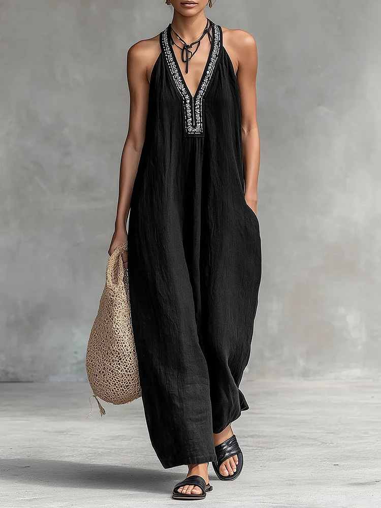 Women's V-Neck Halter Printed Jumpsuit Casual Vacation Sleeveless