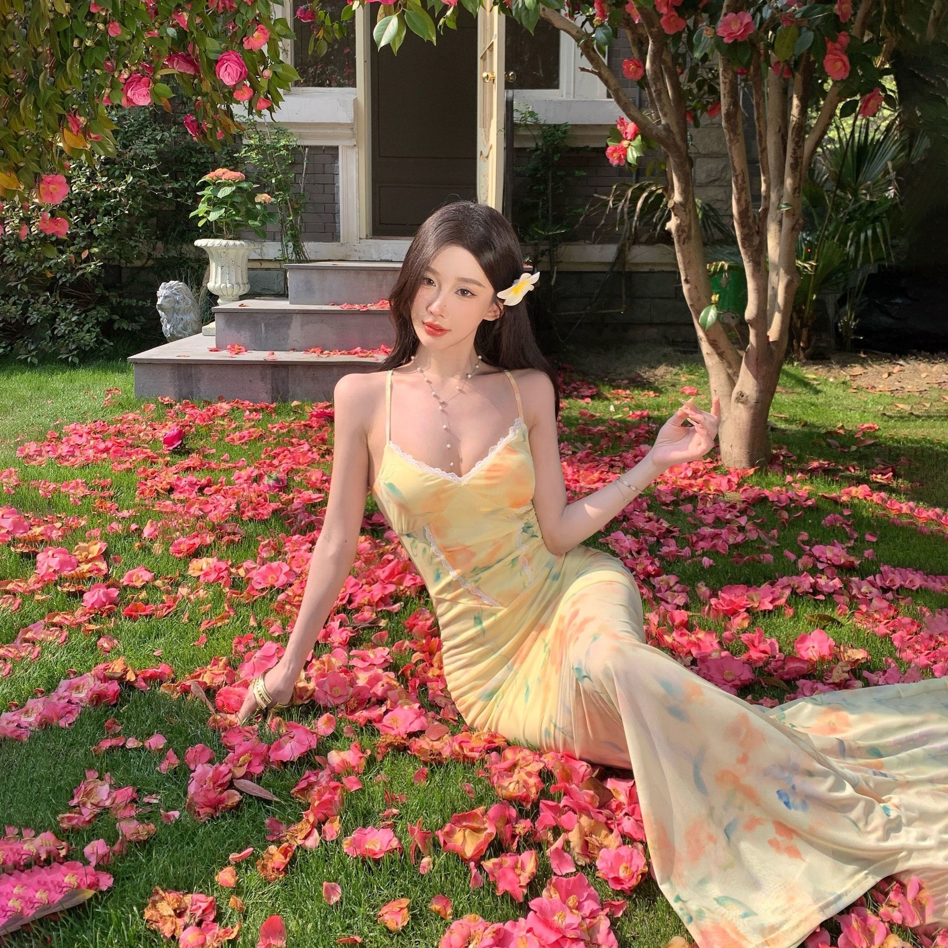 French Yellow Floral Cami Dress Slim Fit Mermaid Midi
