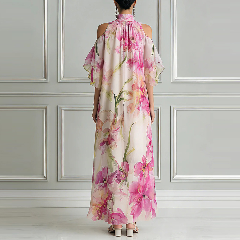 Floral Print Off-Shoulder Halter Maxi Dress Loose Flowy