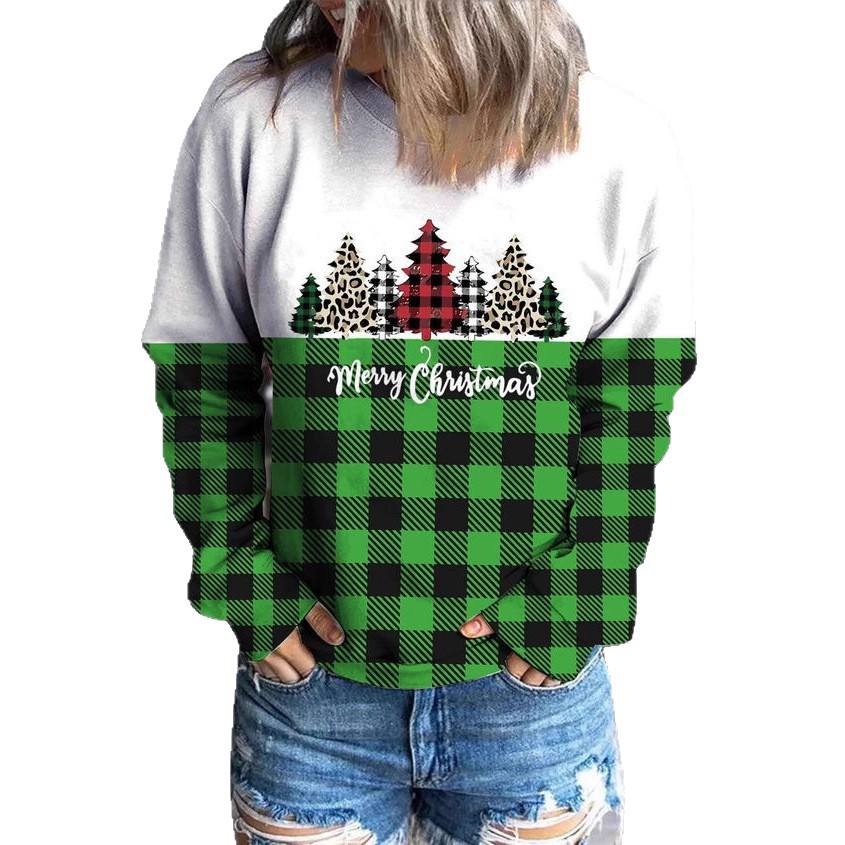 Women's Colorblock Plaid Cartoon Tree Crewneck Sweatshirt
