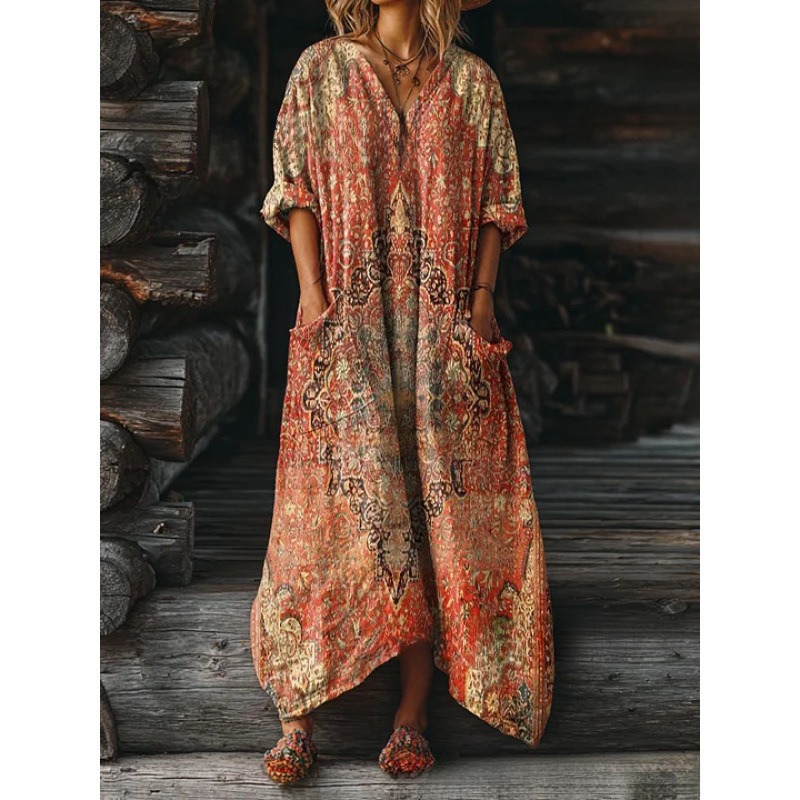 Women's Floral Ripple Print V-Neck A-Line Midi Dress Long Sleeve