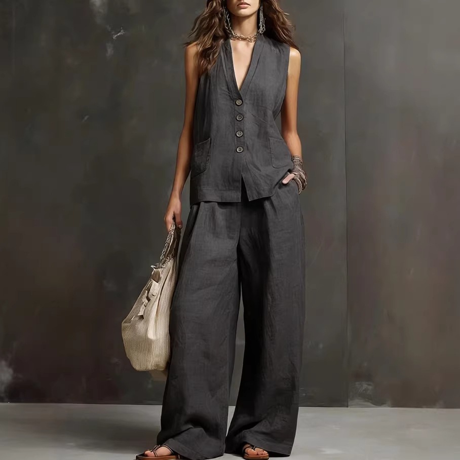 Women's Sleeveless Vest Top and Wide-Leg Pants Cotton-Linen Two-Piece Set