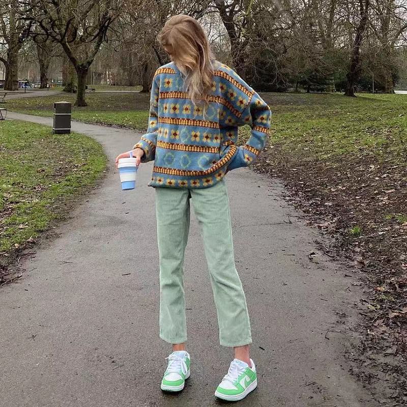 Light Blue Retro Striped Knit Top Women's Loose Long Sleeve Pullover Sweater