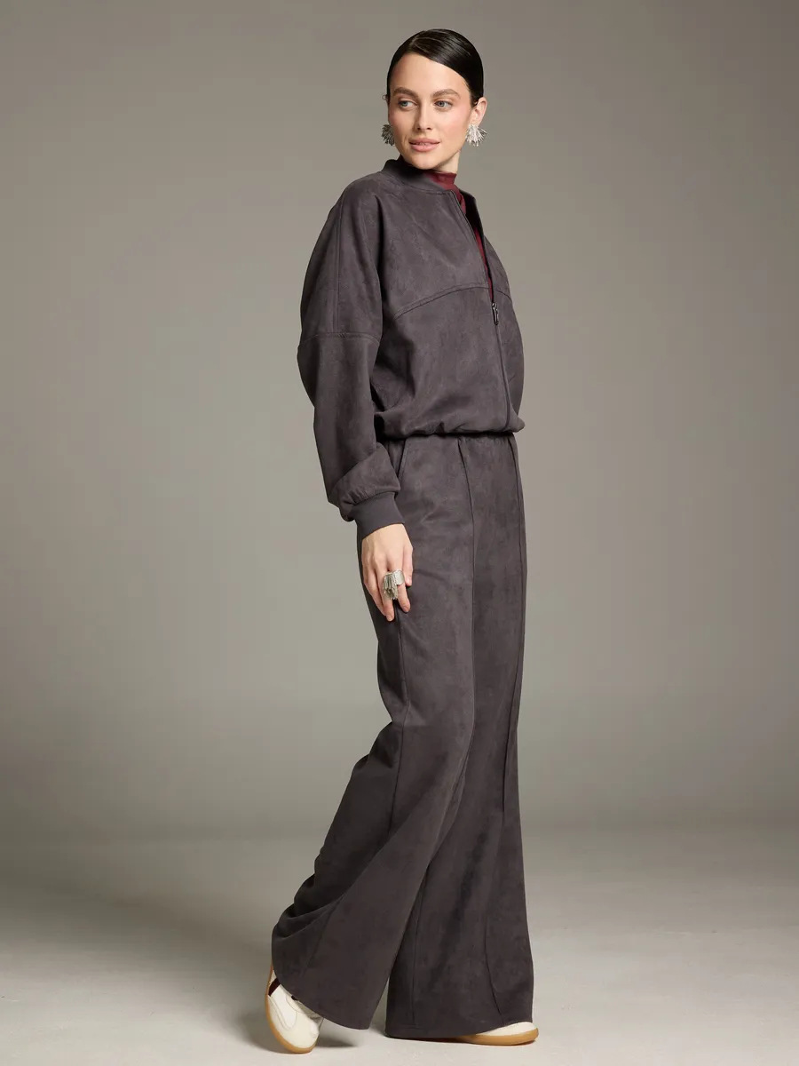 Women's Velvet Two-Piece Set with Zip Cardigan and Elastic Wide-Leg Pants