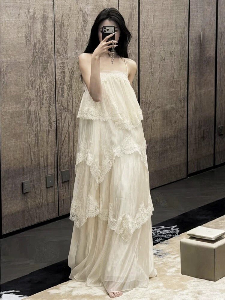 French Vintage Lace Gradient Cami Maxi Dress Tiered Ruffle