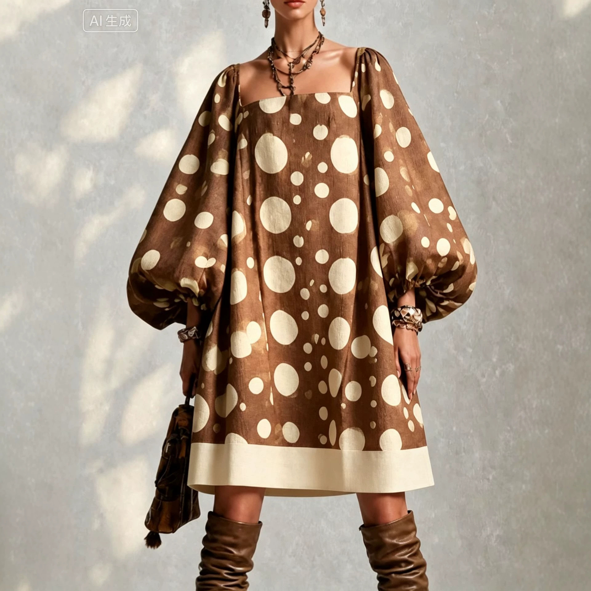 Retro Polka Dot Lantern Sleeve Off-Shoulder Mini Dress