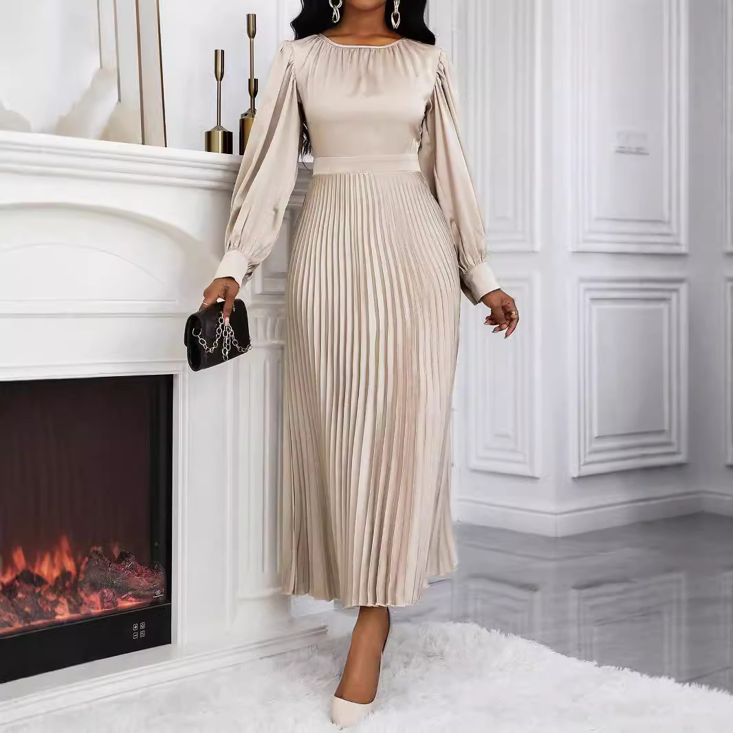 Women's Pleated Long Sleeve Loose Waist Dress