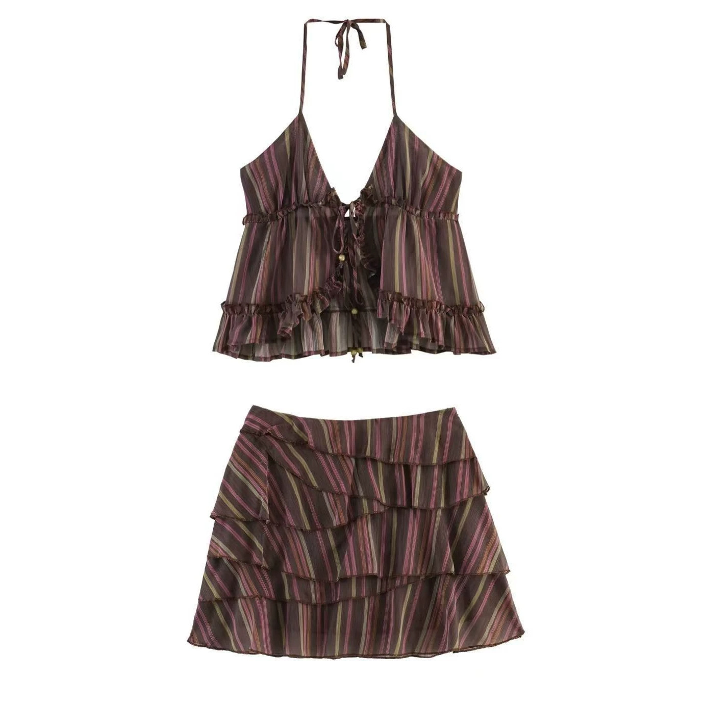 Women's Halter Sleeveless Printed Cami Top and Waist-Cinched Midi Skirt Set