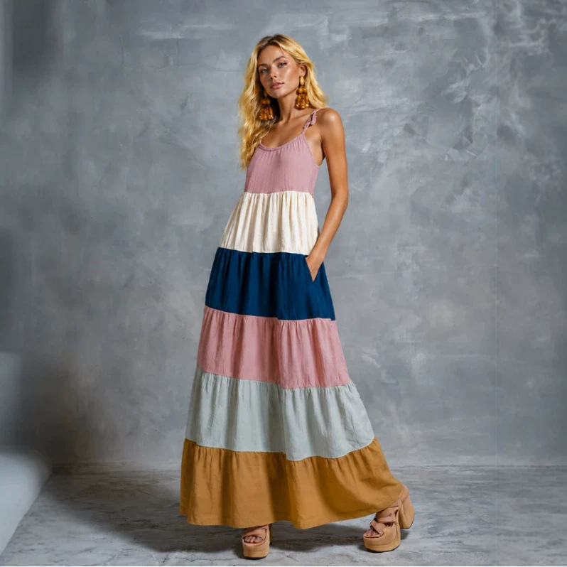 Vintage Multicolor Patchwork Sleeveless Maxi Dress