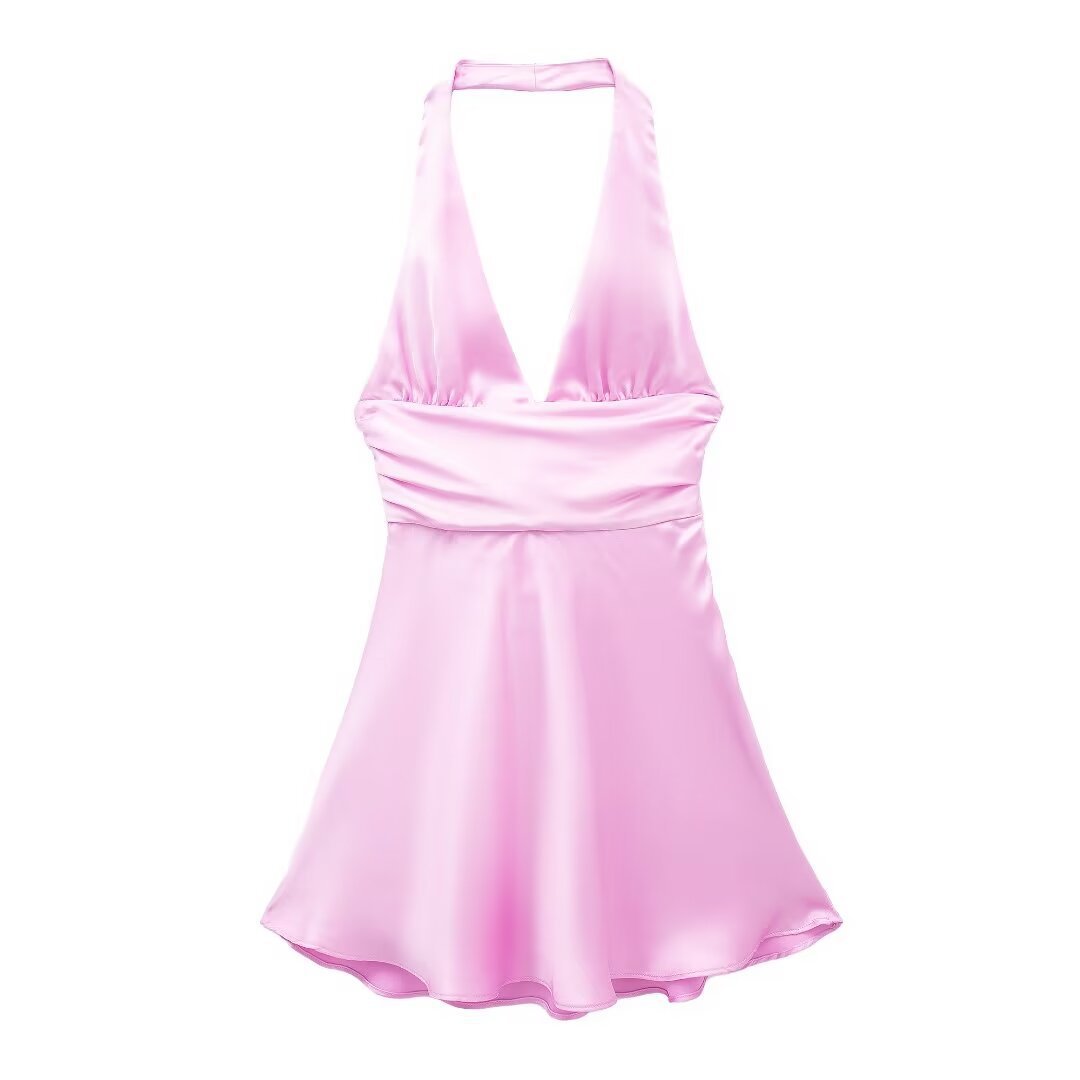 Women's Satin Halter Neck Open Back Dress