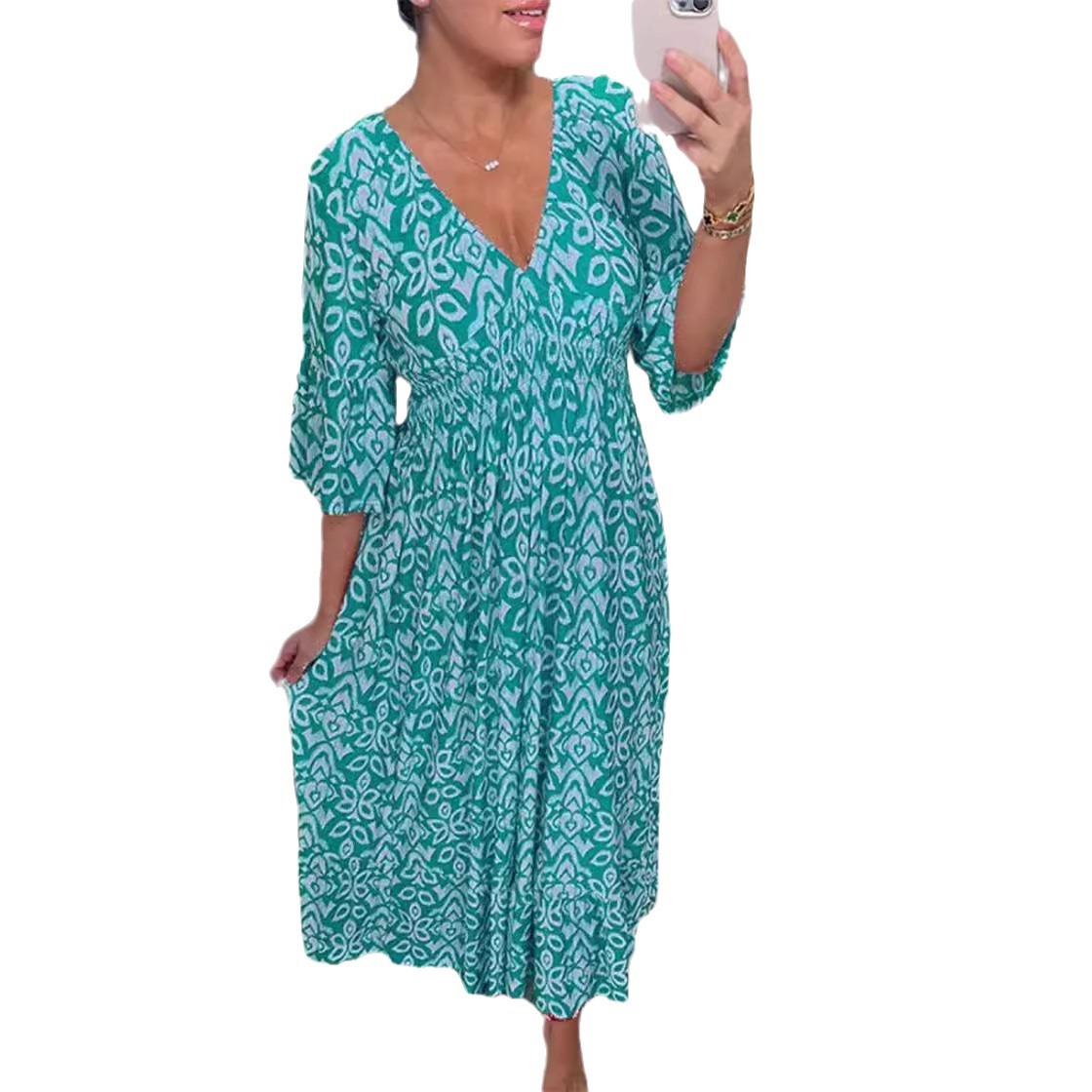 Women's V-Neck Floral Print Loose Long Beach Dress
