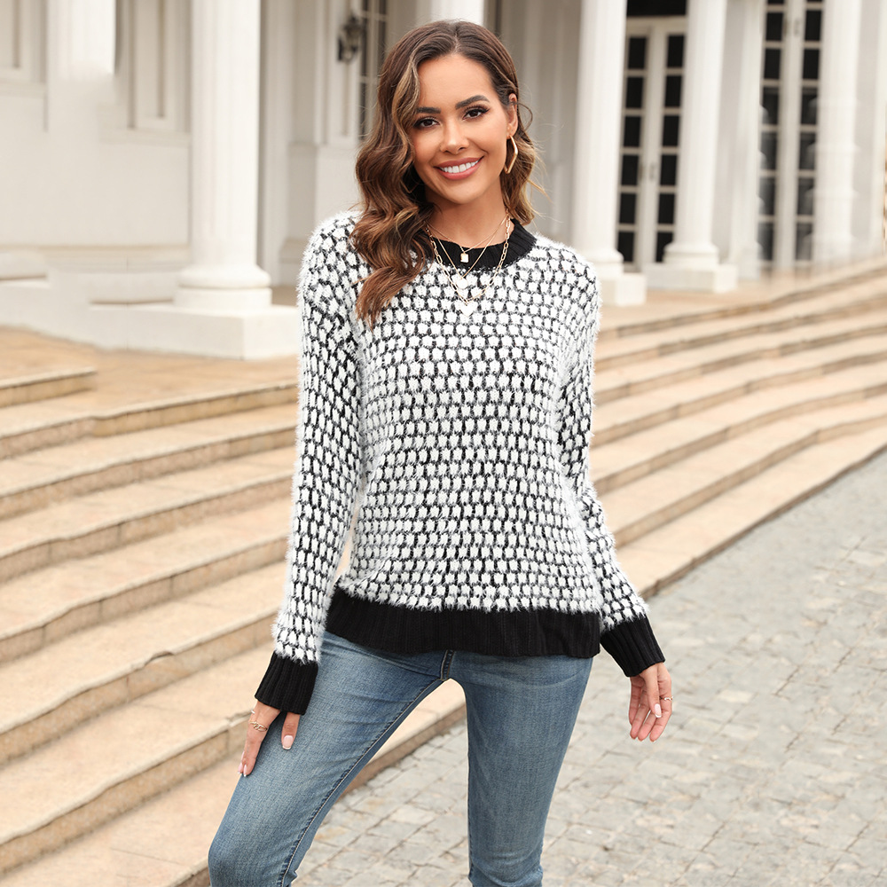 Color-Block Knit Sweater Plus Size Crew Neck Long Sleeve
