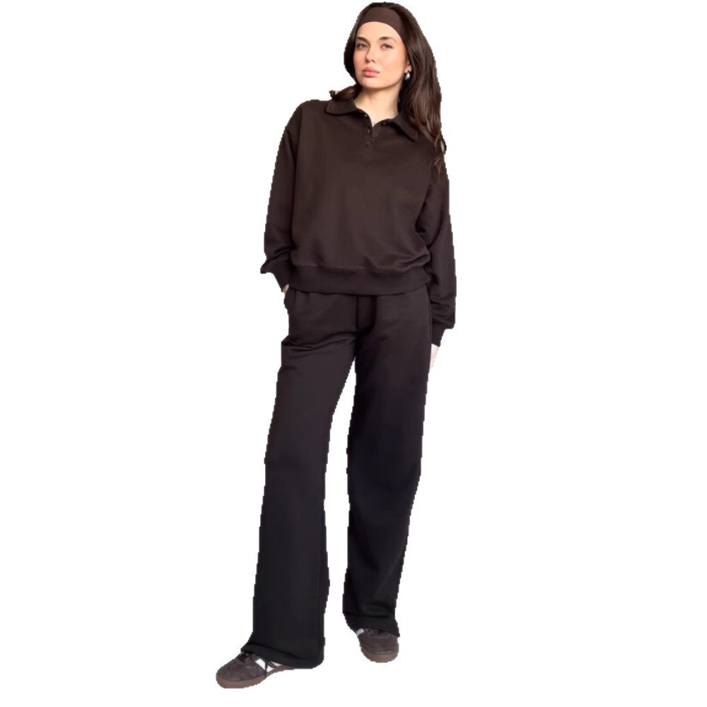 Women's Solid Color Button Hoodie and Pants Two-Piece Set with Collar