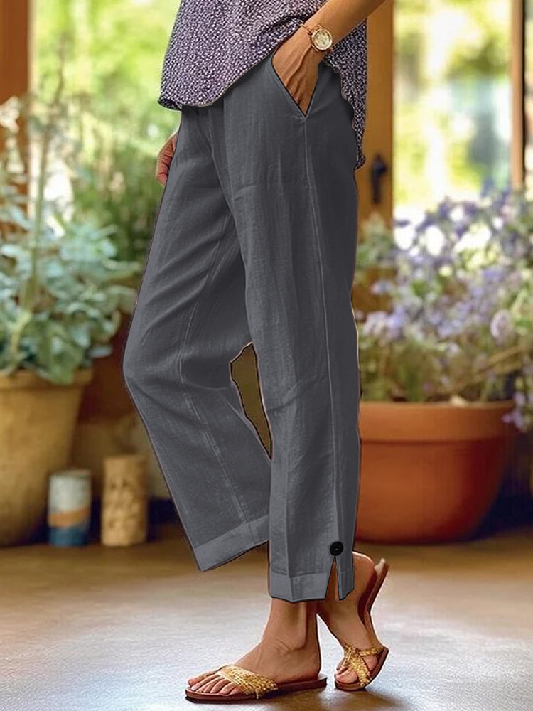 Women's Cotton-Linen Wide-Leg Pants with Elastic Waist and Pockets