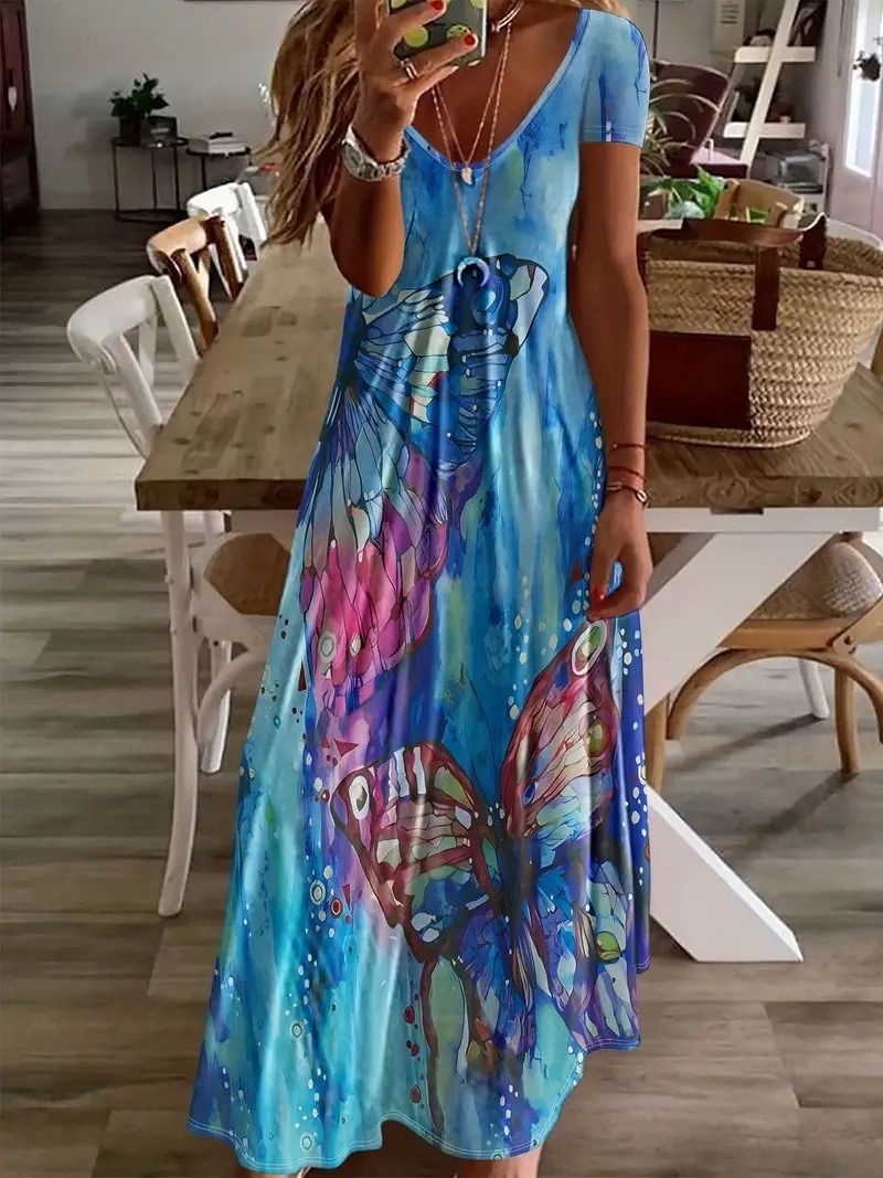 Women's Short Sleeve V-Neck Butterfly Print A-Line Maxi Dress
