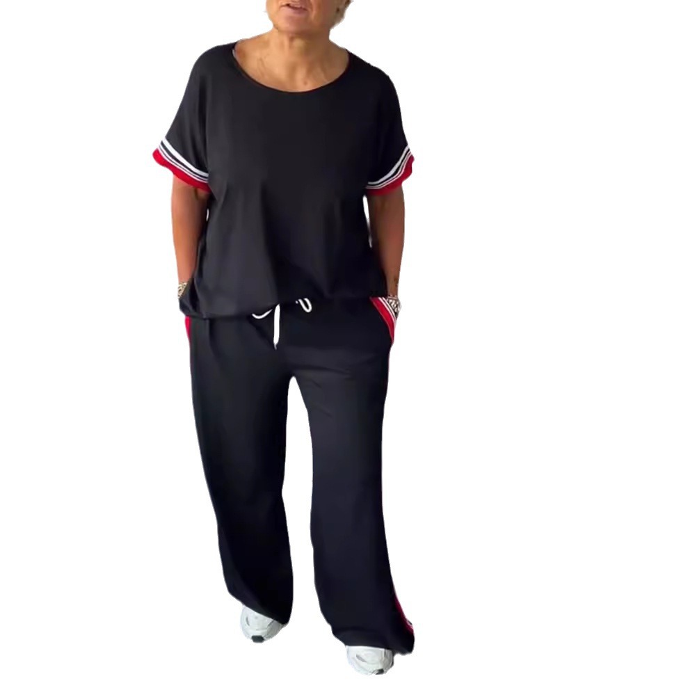 Women's Striped Round Neck Short Sleeve Casual Two-Piece Set