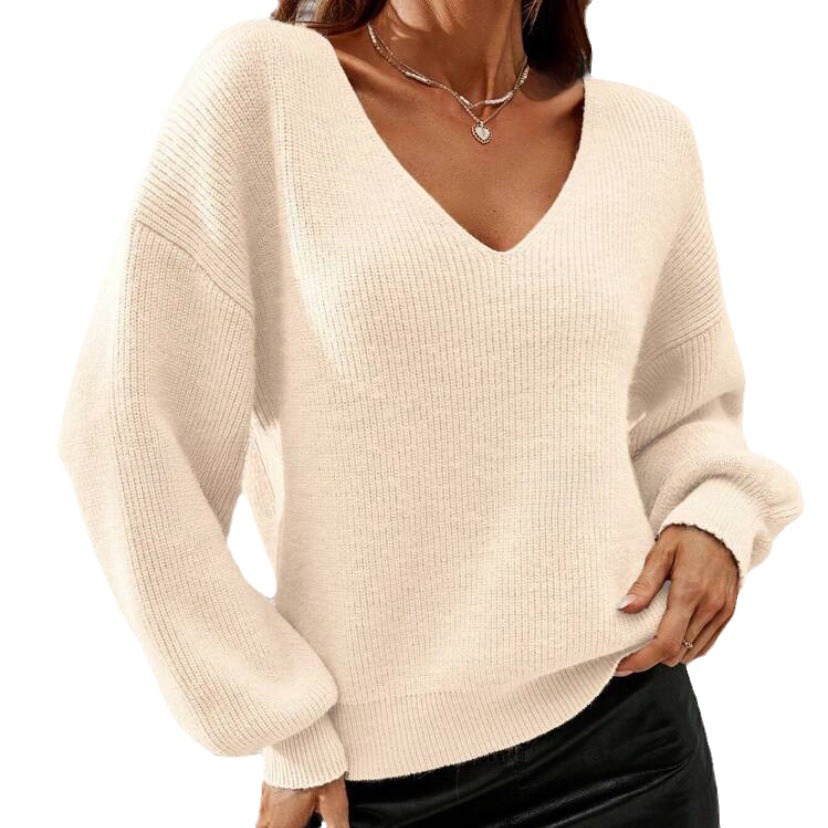 V-Neck Long-Sleeve Loose Knit Sweater Solid Color Pullover