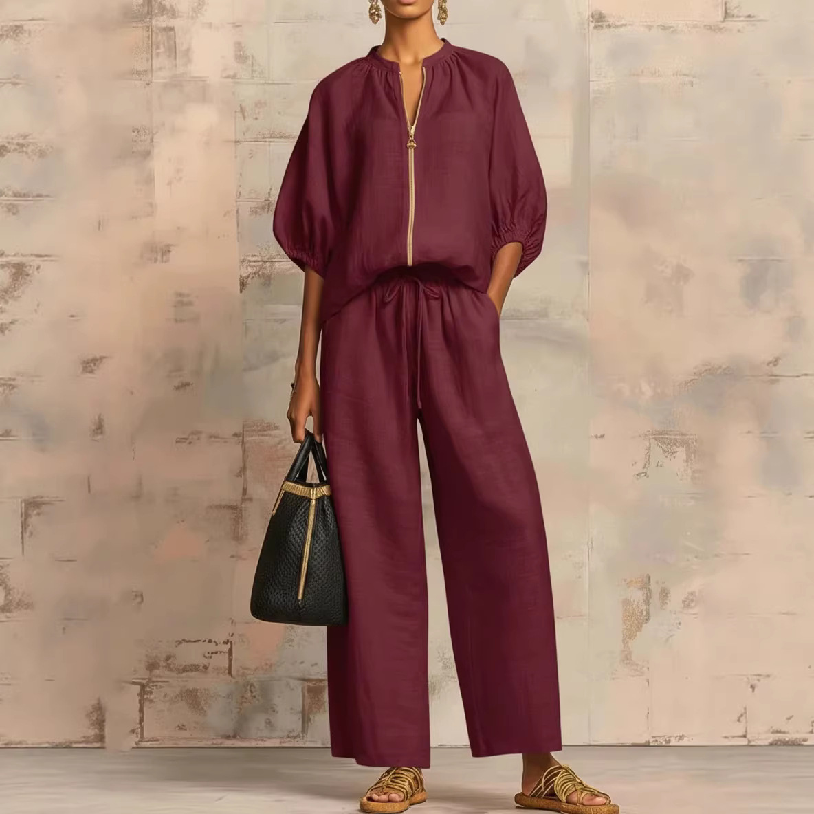 Women's Zip Shirt & Wide-Leg Pants Two-Piece Set