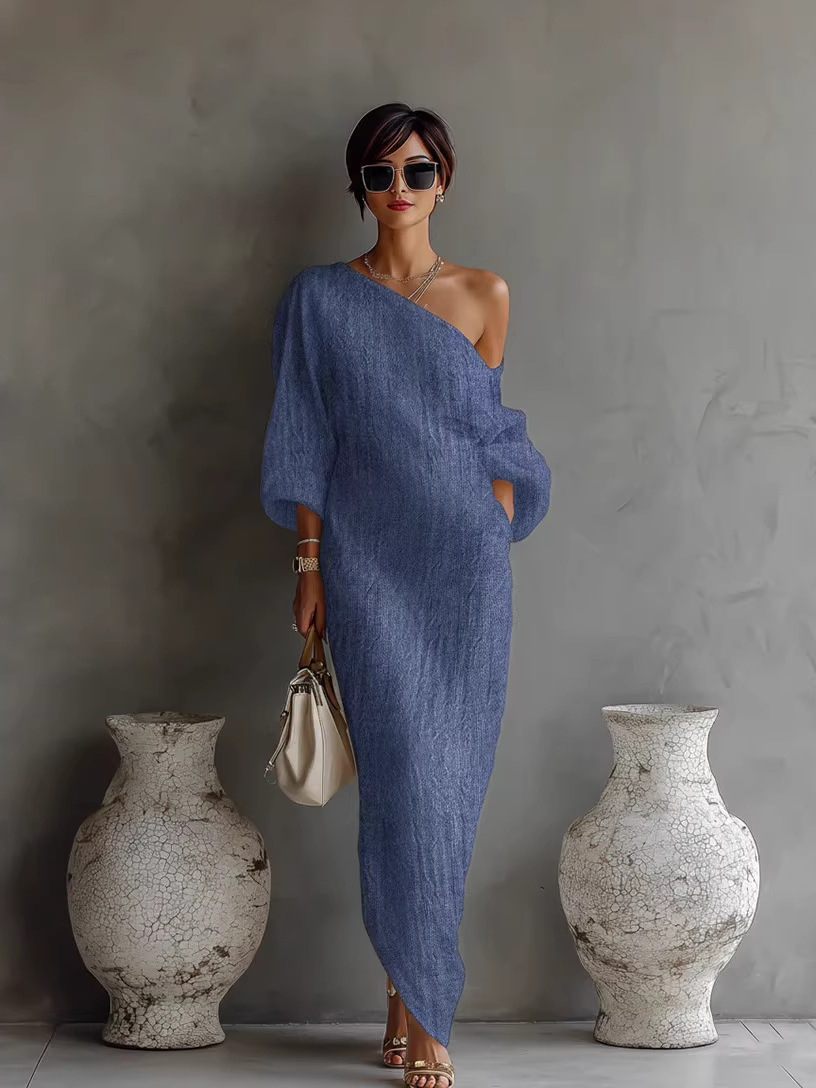 Elegant One-Shoulder Long Sleeve Maxi Dress with Asymmetrical Hem