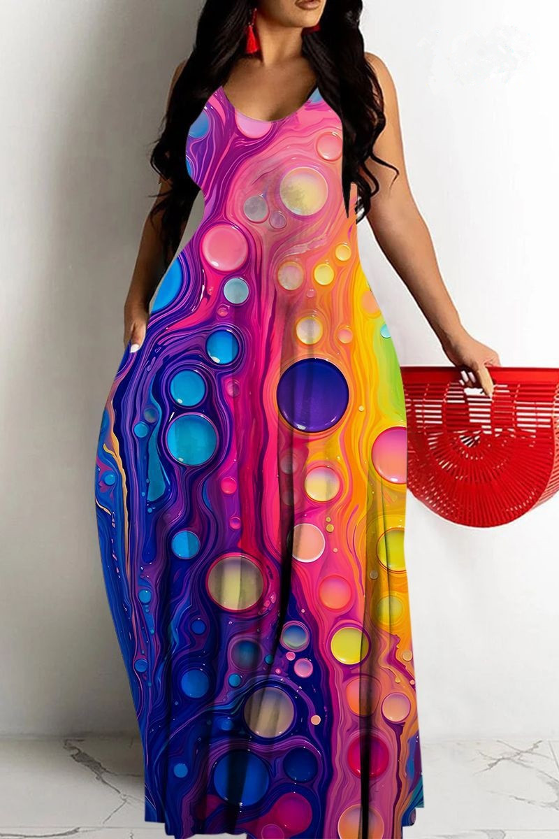 Women's Printed Deep V-Neck Sleeveless Maxi Dress
