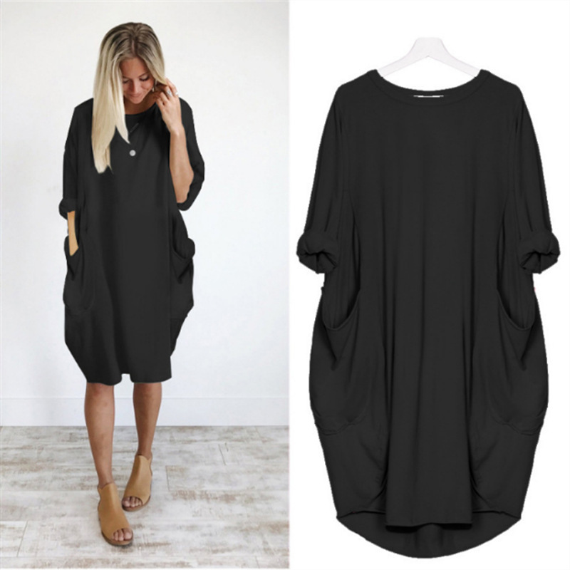 Women's Casual Loose Pocket Long Sleeve Plus Size Dress