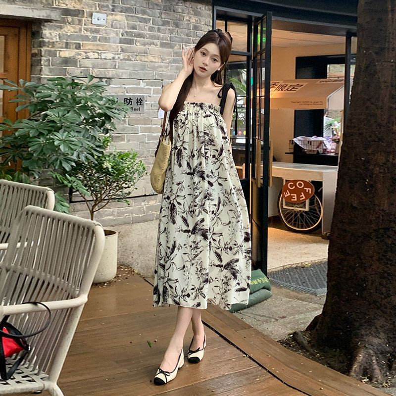 French Tea Break Ink Wash Tie-Strap Midi Dress Women's Summer Loose Relaxed Vacation Long Dress