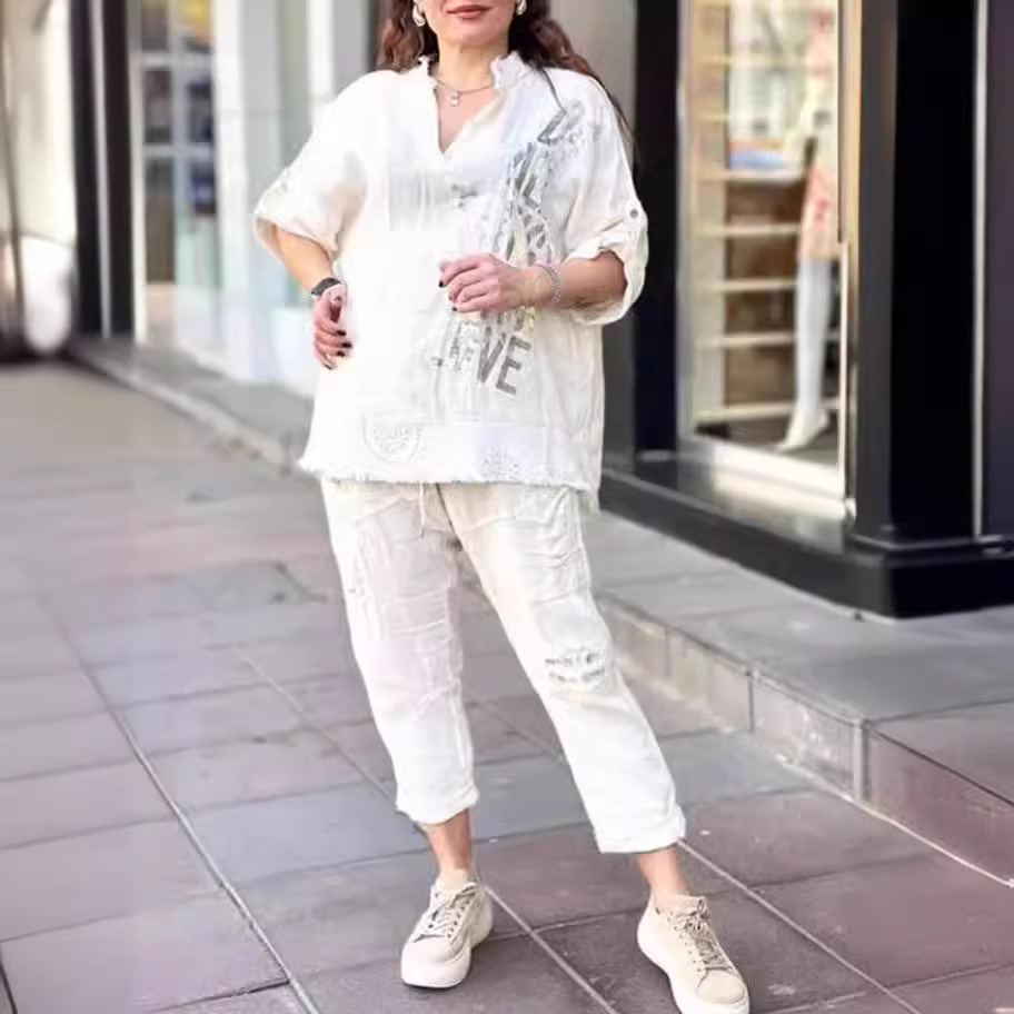 Letter Print Half-Sleeve Long Pants Loose Two-Piece Set