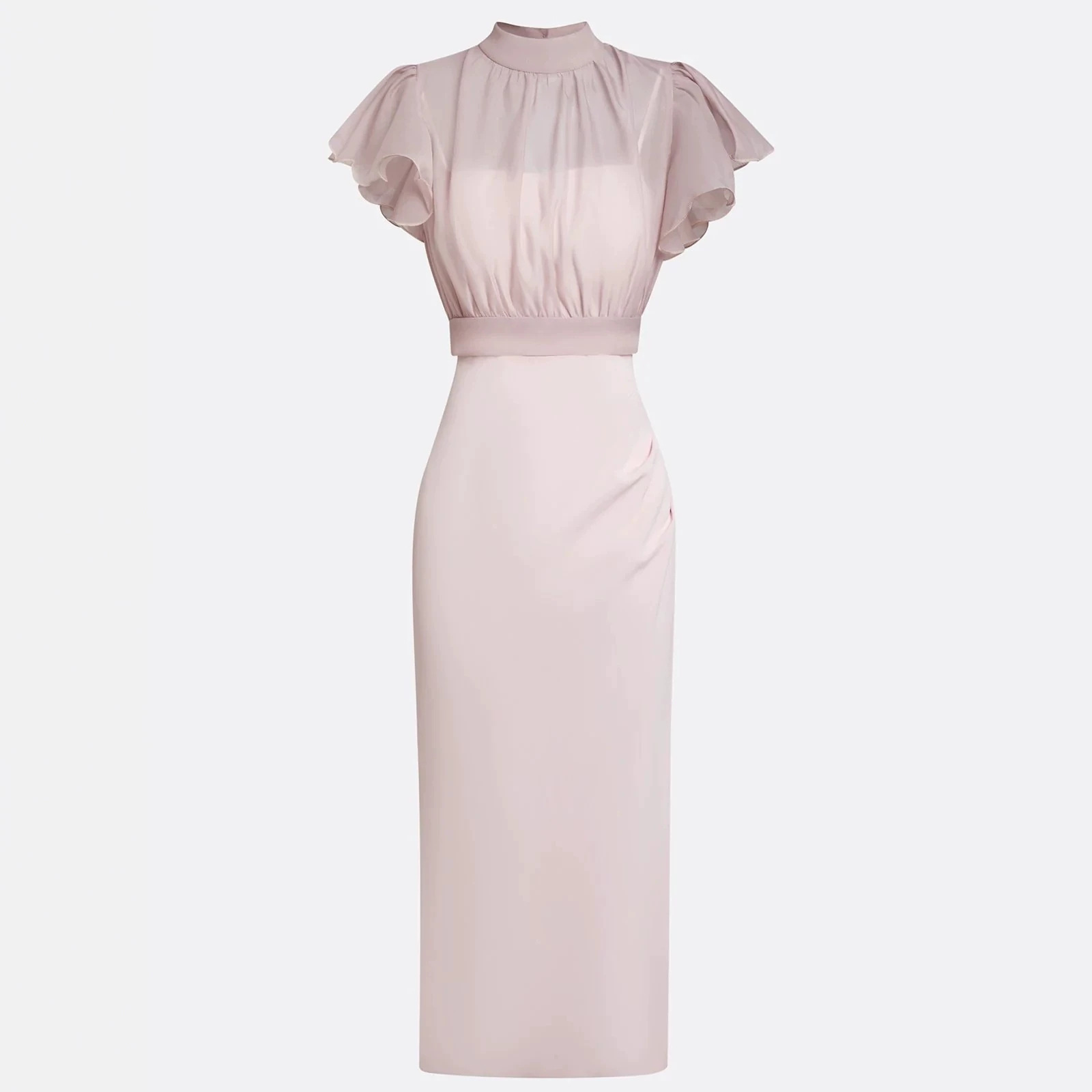 French High-Neck Sheer Mesh Ruffle Sleeve Ruched Bodycon Midi Dress