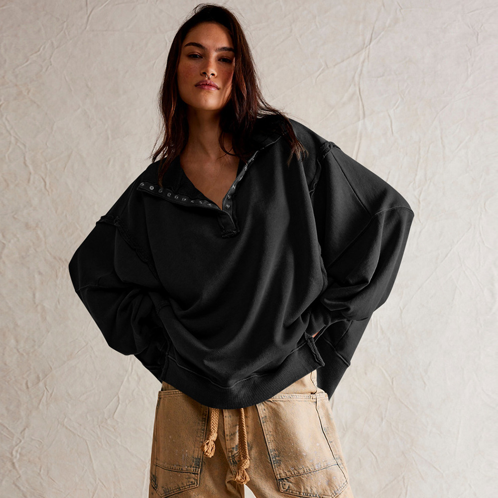 Lantern Sleeve Split Lapel Loose Sweatshirt