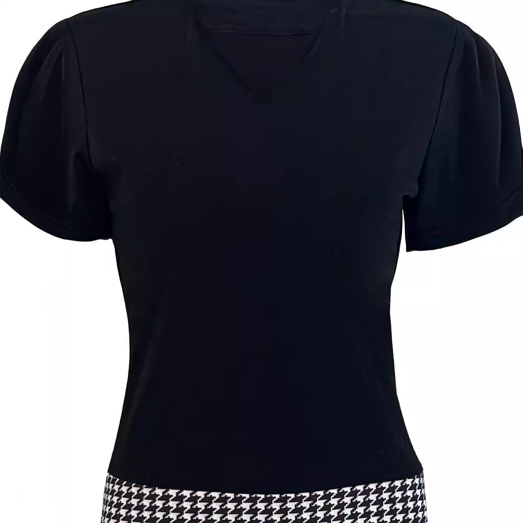 V-Neck Short Sleeve Houndstooth A-Line Midi Dress