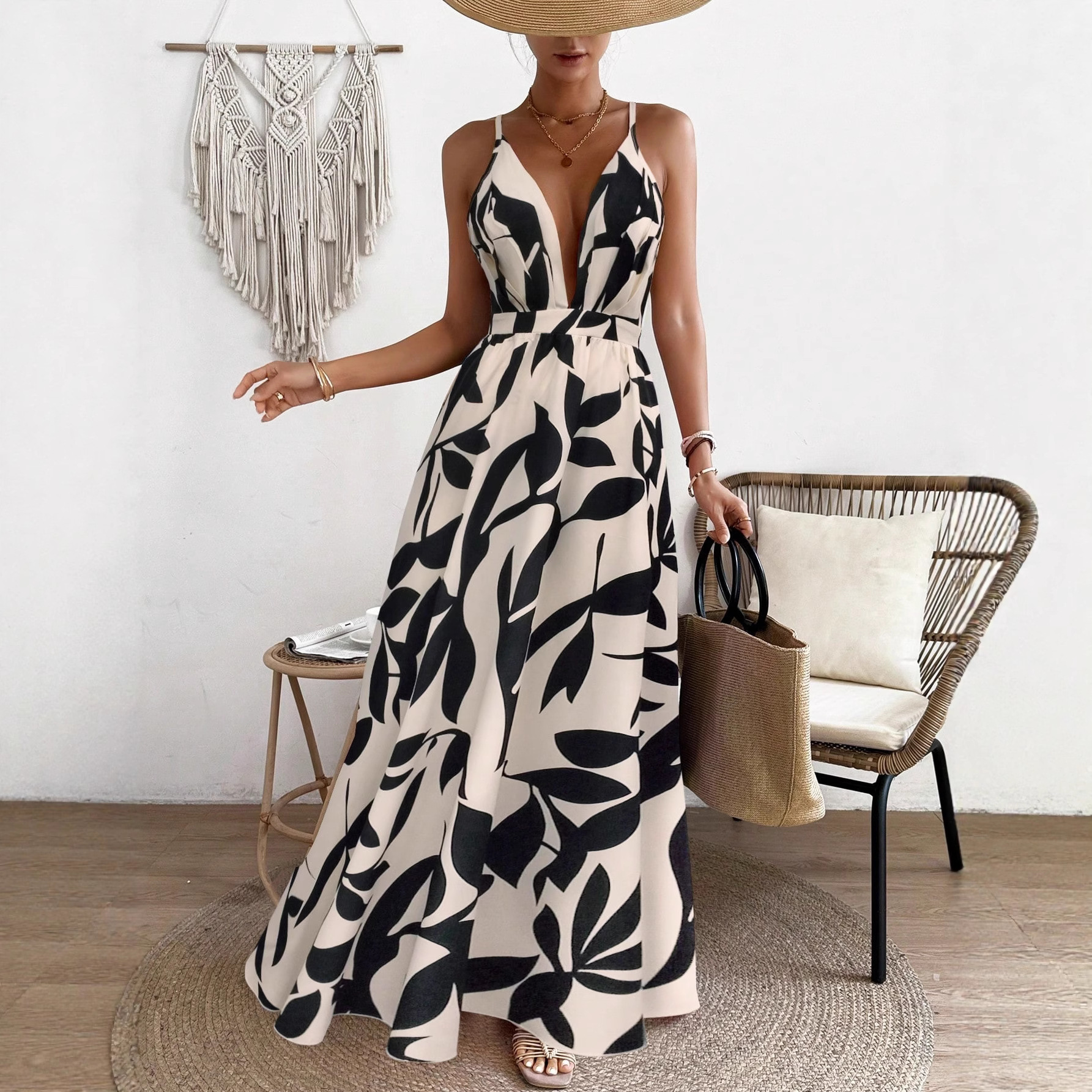 Tie-Dye Rainbow Print Halter Maxi Dress Backless