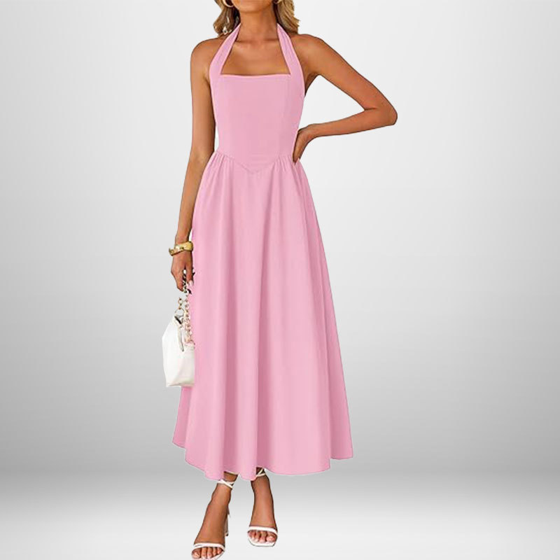 Women's Sleeveless Halter Backless A-Line Midi Dress