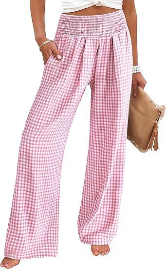 Plaid Wide-Leg Casual Pants with Elastic Waist