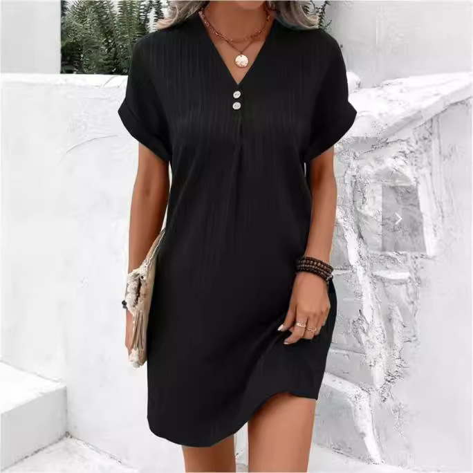 V-Neck Solid Button A-Line Midi Dress Short Sleeve Casual