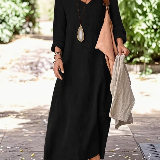 Women's Solid V-Neck Loose Long Dress with Flared Hem