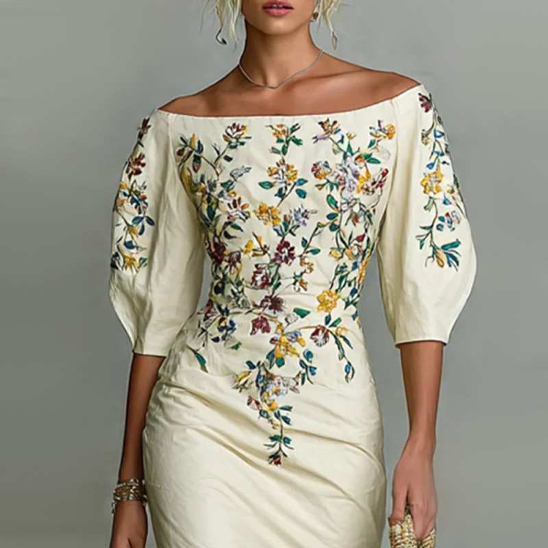 Off-Shoulder Faux Suede Bodycon Midi Dress with Lantern Sleeves