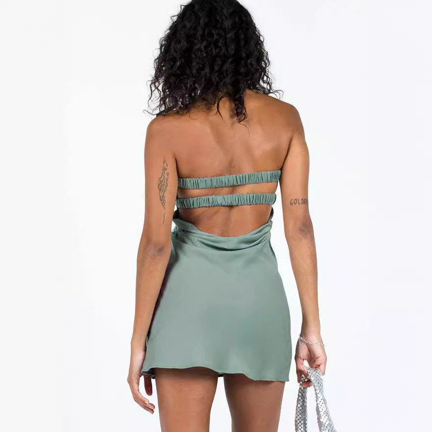 Women's Satin Strapless Bodycon Dress with Back Cutout and Knot Detail